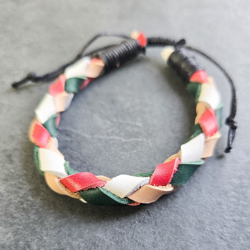 NWT Handmade Reclaimed Leather Braided Bracelet, Red, White, Green & Tan